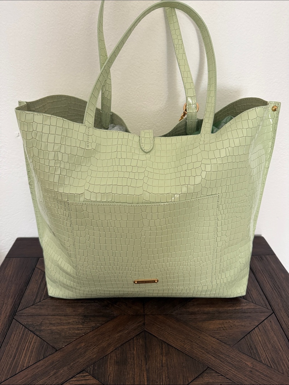 Rebecca Minkoff Megan Large Croc-Embossed Tote Bag Mint Green - Picture 3 of 9